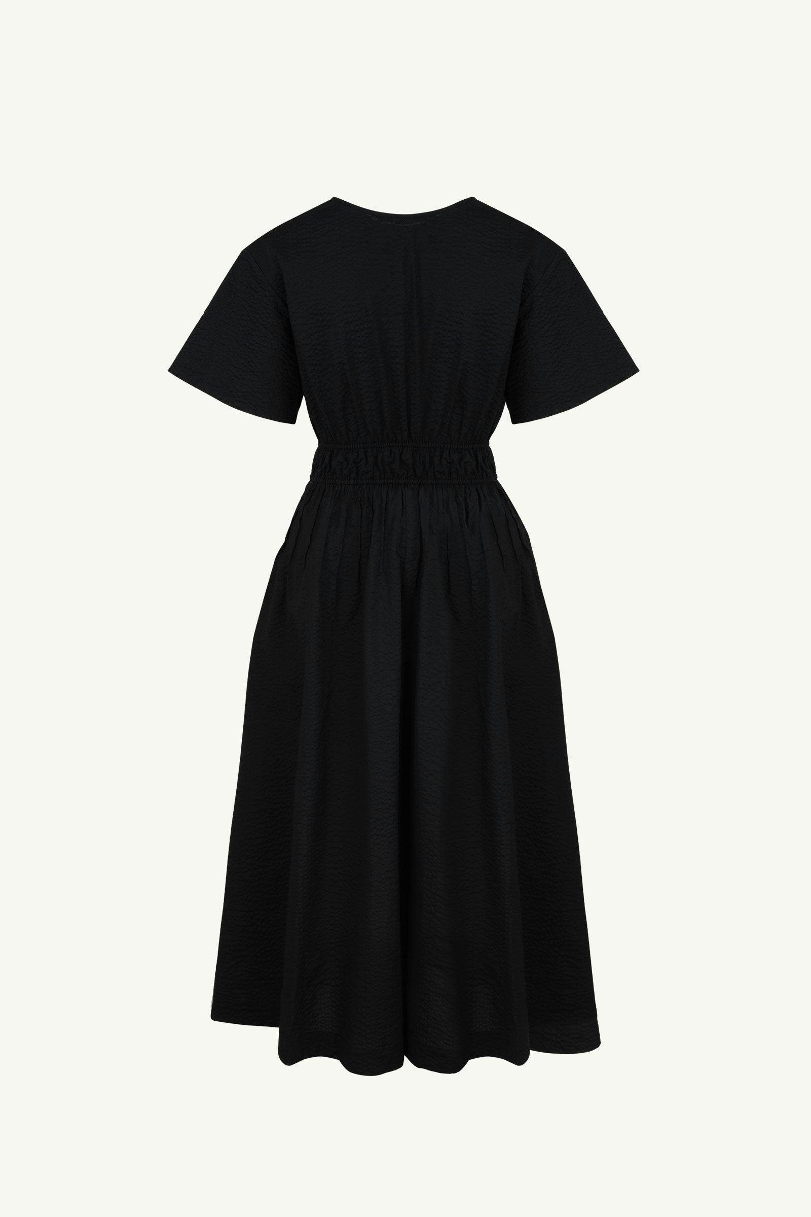 Ferris Dress | Textured Gathered Waist Dress | 100% Cotton | Black ...